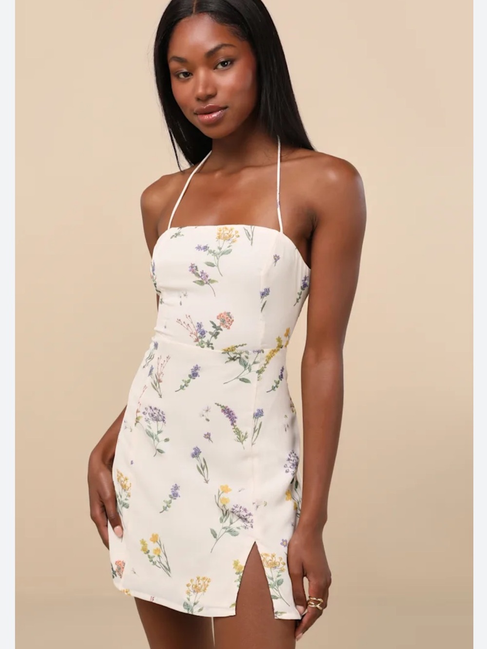Lulus Catch the Bouquet Cream Floral Halter Lace-Up Mini Dress